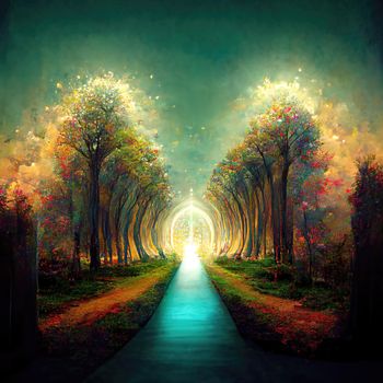 Surreal path of gratitude in forest with amazing light, 3d illustration, 3d render