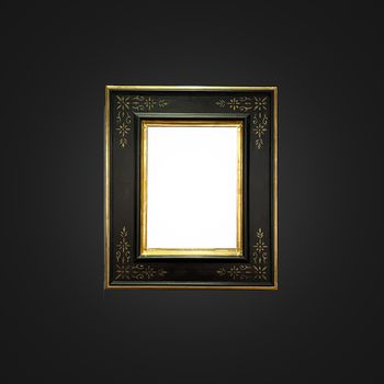 Antique art fair gallery frame on royal black wall at auction house or museum exhibition, blank template with empty white copyspace for mockup design, artwork concept