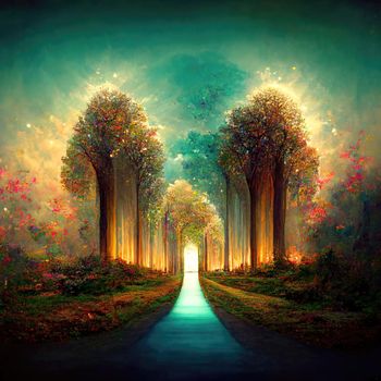 Surreal path of gratitude in forest with amazing light, 3d illustration, 3d render