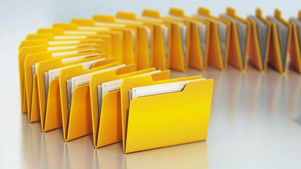 Yellow folders arranged in circle isolated on white background. 3D illustration.