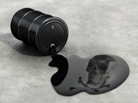 Oil barrel with spilled crude oil with skull and bones reflection. 3D illustration.