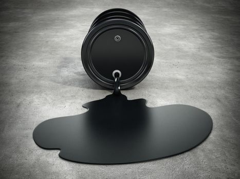 Oil barrel with spilled crude oil. 3D illustration.