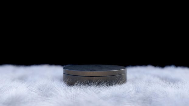 A 3d rendering image of black marble product display on white fur floor and black wall