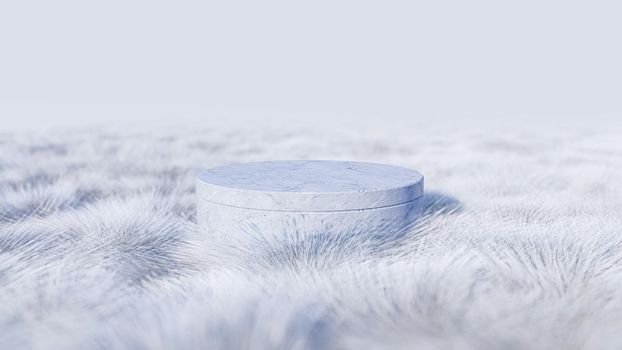 A 3d rendering image of white marble product display on white fur