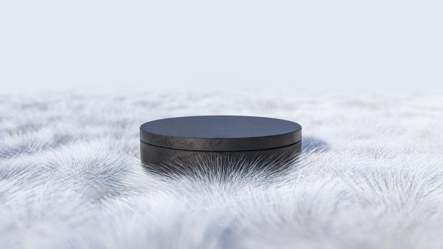 A 3d rendering image of black marble product display on white fur
