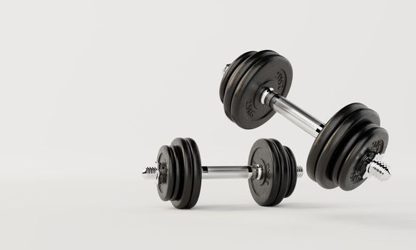 Two dumbbells on isolated white background. Fitness and sport concept. 3D illustration rendering