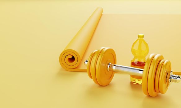 Sport fitness set with yoga mat drinking water bottle and dumbbell on pastel yellow background. Fitness and sport concept. Monocolor. 3D illustration rendering
