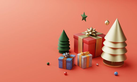 Christmas set decoration and ornament with golden Xmas tree colorful gift box and snowflake on red background. Holiday festival and minimalism object concept. 3D illustration rendering