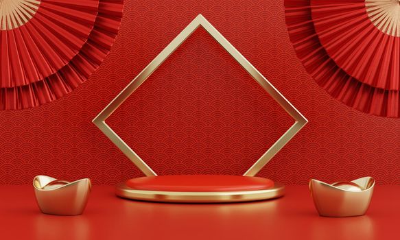 Chinese New Year red modern style one podium product showcase with golden ring frame and China pattern background. Happy holiday traditional festival concept. 3D illustration rendering graphic design