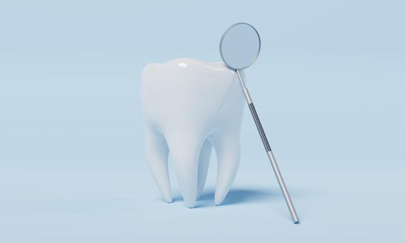 Tooth with dental inspection mirror on blue background. Dental and Health care concept. 3D illustration rendering