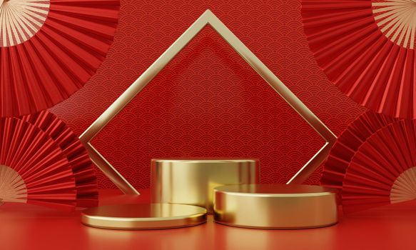 Chinese New Year red modern style three podium product showcase with golden ring frame Japanese style pattern background. Happy holiday traditional festival concept. 3D illustration rendering