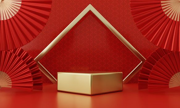 Chinese New Year red modern style one podium product showcase with golden ring frame Japanese style pattern background. Happy holiday traditional festival concept. 3D illustration rendering