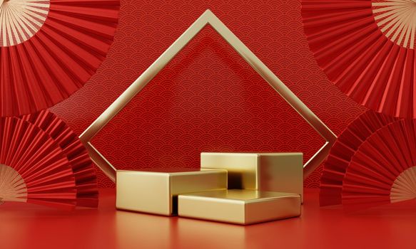Chinese New Year red modern style three podium product showcase with golden ring frame Japanese style pattern background. Happy holiday traditional festival concept. 3D illustration rendering