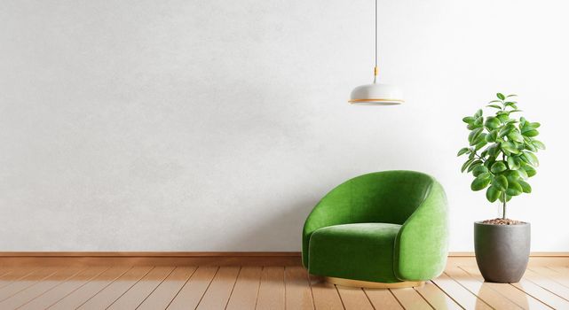 Green armchair with empty wall plants and lamp in modern room on wooden background. Copy space. Architecture and interior concept. 3D illustration rendering