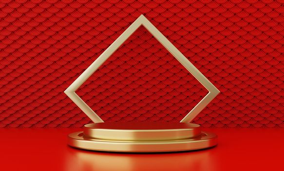 Chinese New Year red modern style one podium product showcase with golden ring frame Japanese style pattern background. Happy holiday traditional festival concept. 3D illustration rendering
