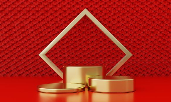 Chinese New Year red modern style three podium product showcase with golden ring frame Japanese style pattern background. Happy holiday traditional festival concept. 3D illustration rendering