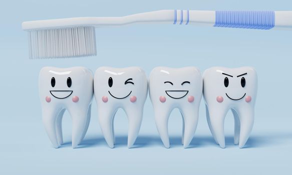 Healthy emotion teeth with toothbrush on blue background. Dental and Health care concept. 3D illustration rendering