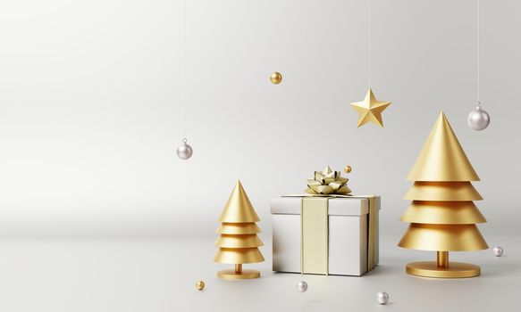 Christmas set decoration and ornament with Xmas tree golden star gift box and snowflake on silver gray background. Holiday and object concept. 3D illustration rendering