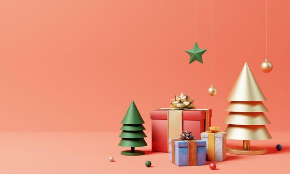 Christmas set decoration and ornament with golden Xmas tree colorful gift box and snowflake on red background. Holiday festival and minimalism object concept. 3D illustration rendering