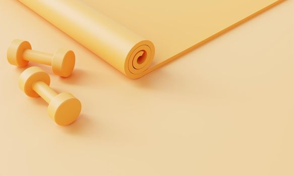 Sport fitness accessories set with yoga mat and dumbbell on pastel yellow background. Fitness and sport object concept. Monocolor. 3D illustration rendering