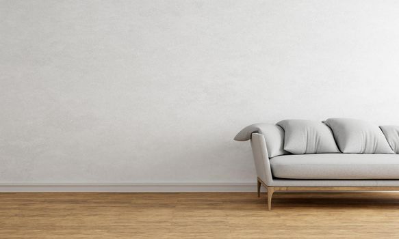White empty wall with gray sofa made from wood and fabric textile. Interior and architecture background concept. 3D illustration rendering