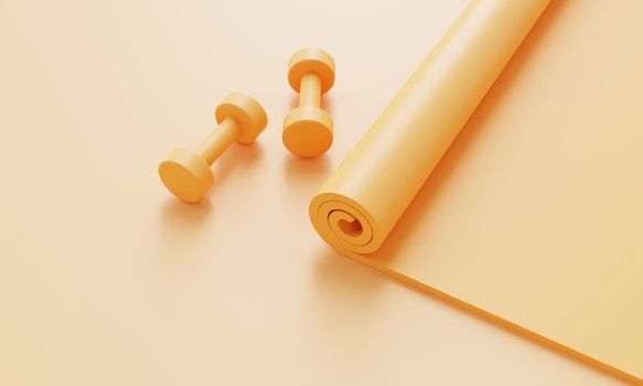 Sport fitness accessories set with yoga mat and dumbbell on pastel yellow background. Fitness and sport object concept. Monocolor. 3D illustration rendering
