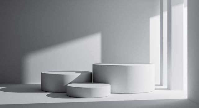 Three white round product podiums in minimal style with building background. Architecture and interior concept. 3D illustration rendering.