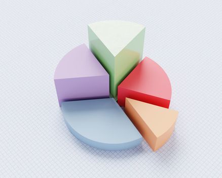 Multicolored pie chart on blue line paper graph texture. Business strategy and financial concept. Perspective view. 3D illustration rendering