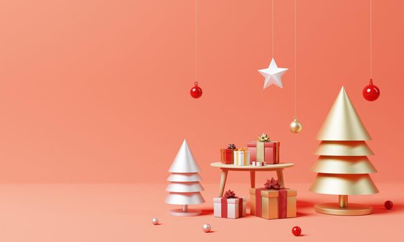 Christmas set decoration and ornament with golden and silver Xmas tree and snowflake on red background. Holiday festival and minimalism object concept. 3D illustration rendering