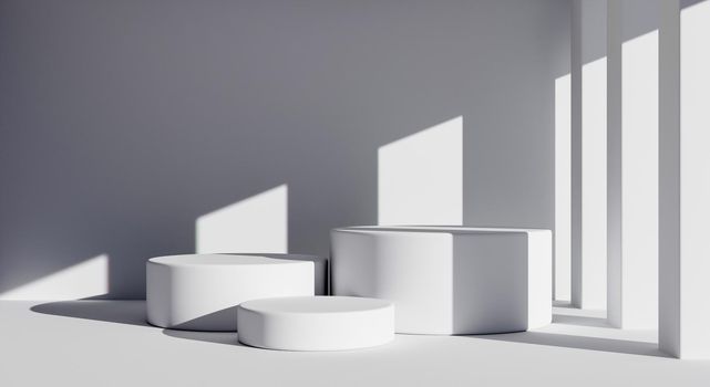 Three white round product podiums in minimal style with building background. Architecture and interior concept. 3D illustration rendering.