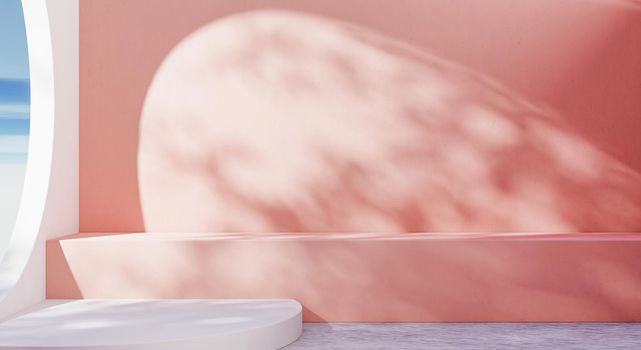 Empty room in pink and white pastel tone with tree leaves shadow and blue sky and cloud background. Abstract and nature concept. 3D illustration rendering