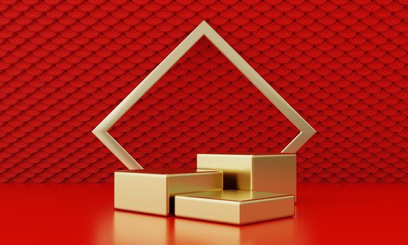 Chinese New Year red modern style three podium product showcase with golden ring frame Japanese style pattern background. Happy holiday traditional festival concept. 3D illustration rendering