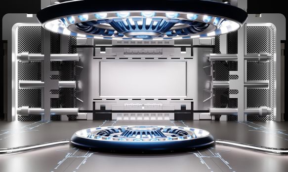 Sci-fi product podium showcase in spaceship with white and blue background. Space technology and object concept. 3D illustration rendering