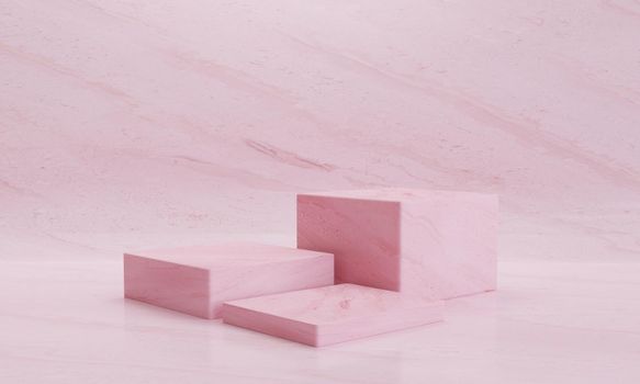 Minimal three pink cubes podium and stage for product or cosmetics advertising with background. Object and abstract concept. 3D illustration rendering