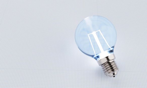 Light bulbs with incandescent bulbs glow blue on white draft office graph paper. Thinking and imagination idea concept. 3D illustration rendering