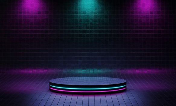 Cyberpunk product podium platform studio with blue and violet spotlight and grunge style textured background. Retro stage and Futuristics scene concept. 3D illustration rendering graphic