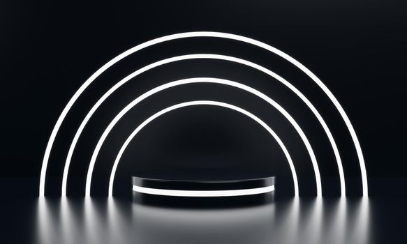 Modern round product showcase sci-fi podium with white glowing light neon ring frame background. Technology and object concept. 3D illustration rendering