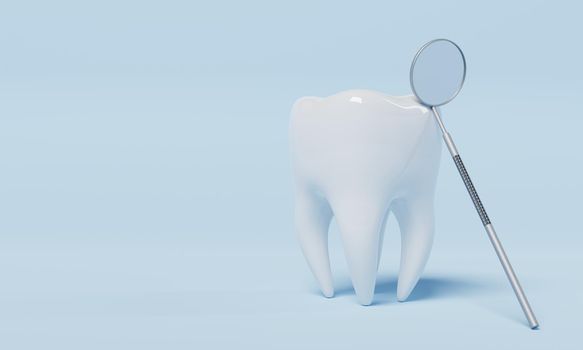 Tooth with dental inspection mirror on blue background. Dental and Health care concept. 3D illustration rendering