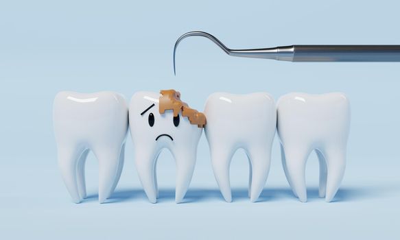 Unhealthy emotion teeth with toothbrush on blue background. Dental and Health care concept. 3D illustration rendering