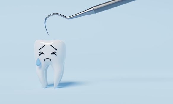 Tooth afraid of dental inspection hooks for yearly oral health check cause of tooth decay on blue background. Health care and medical concept. 3D illustration rendering