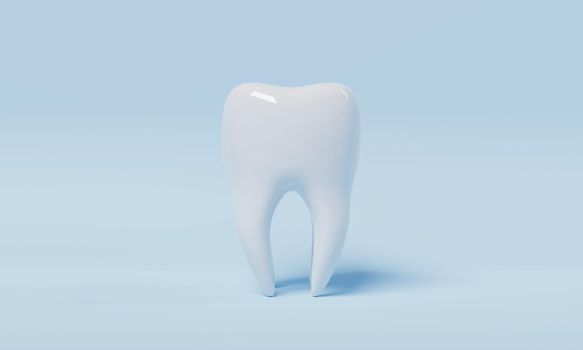 Tooth on blue background with copy space. Dental and Health care concept. 3D illustration rendering