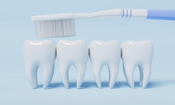 Teeth brushing by toothbrush on blue background. Health care and medical concept. 3D illustration rendering