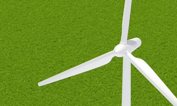 Wind turbine spinning to generate electricity for households. Clean and sustainable energy concept. 3D illustration rendering