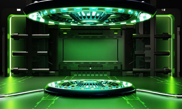 Sci-fi product podium showcase in spaceship with green light background. Space technology and object concept. 3D illustration rendering