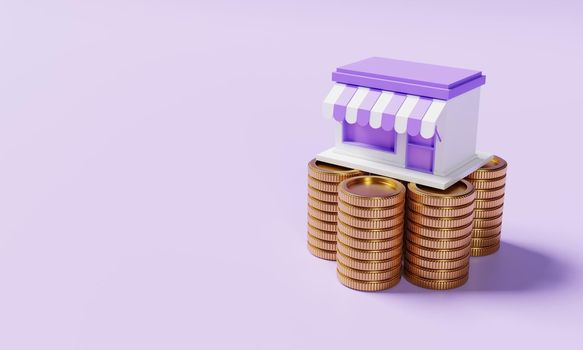 Supermarket store on stacking golden coins on purple background. Financial and economic concept. 3D illustration rendering