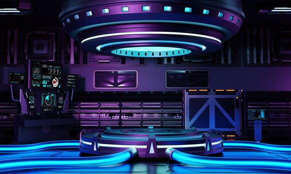 Cyberpunk sci-fi product podium showcase in spaceship with blue purple and pink background. Technology and object concept. 3D illustration rendering