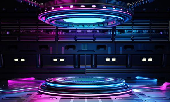 Cyberpunk sci-fi product podium showcase in spaceship base with blue and pink background. Technology and object concept. 3D illustration rendering