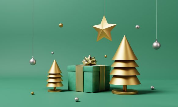 Christmas set decoration and ornament with golden Xmas tree and snowflake on isolated green background. Holiday festival and minimalism object concept. 3D illustration rendering