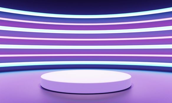 Cyberpunk sci-fi product podium showcase with blue purple and pink background. Technology and object concept. 3D illustration rendering