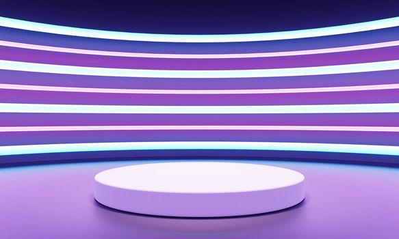 Cyberpunk sci-fi product podium showcase with blue purple and pink background. Technology and object concept. 3D illustration rendering